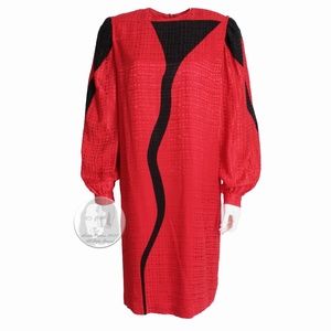 Silk Jacquard Dress Red Black Abstract Print 80s Balloon Sleeves by Martha Sz 16